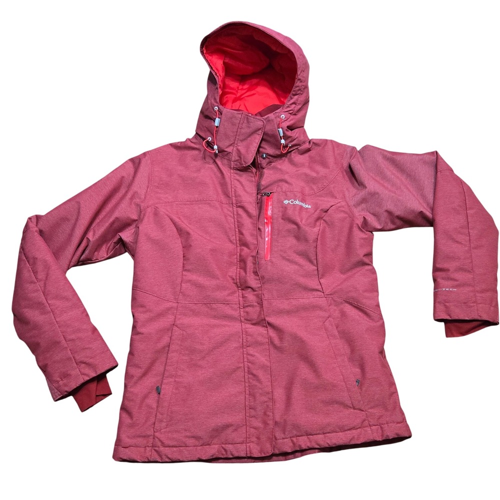 Columbia Omni-Tech Cranberry Red Hooded Ski Jacket Waterproof Winter Coat L